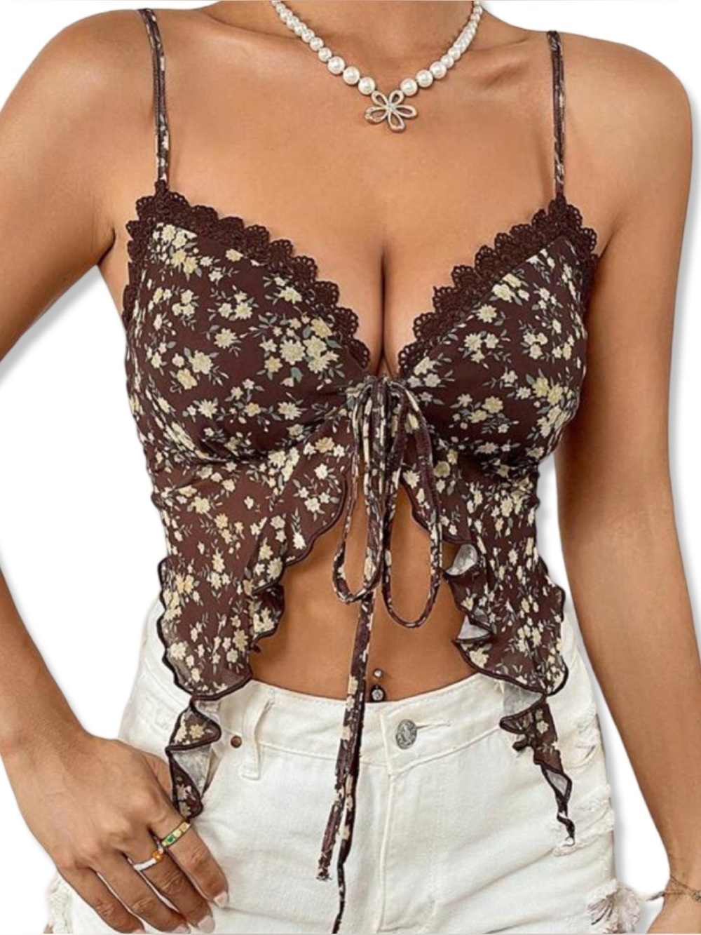 Floral Print Lace-Trim Brown Tie-Front Crop Top - Small